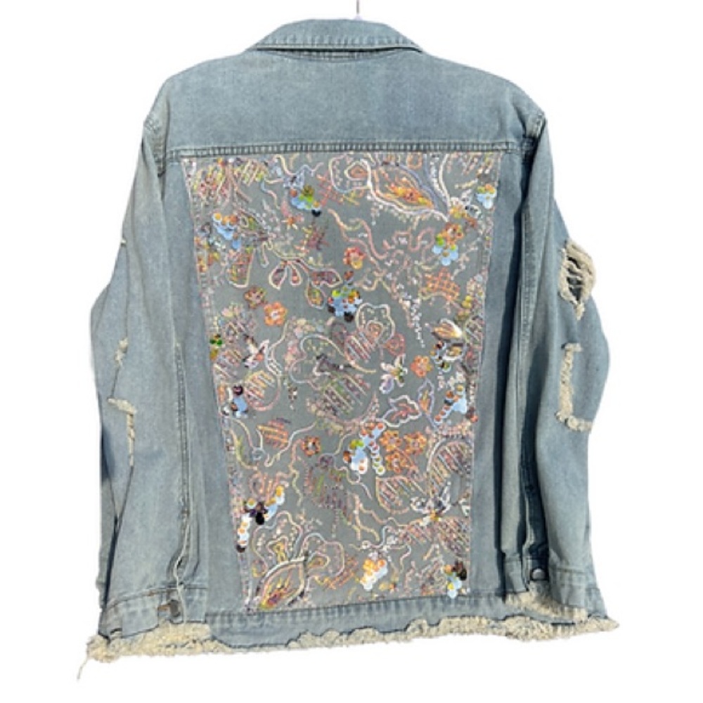 Dreamy Jules whimsical garden denim jacket boyfriend cut hand ,cutouts size XL